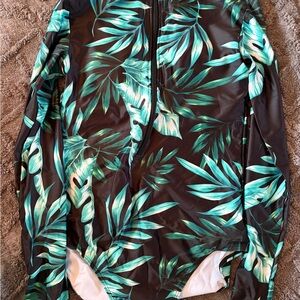 SHEIN Green Leaf Print One Piece Swimsuit